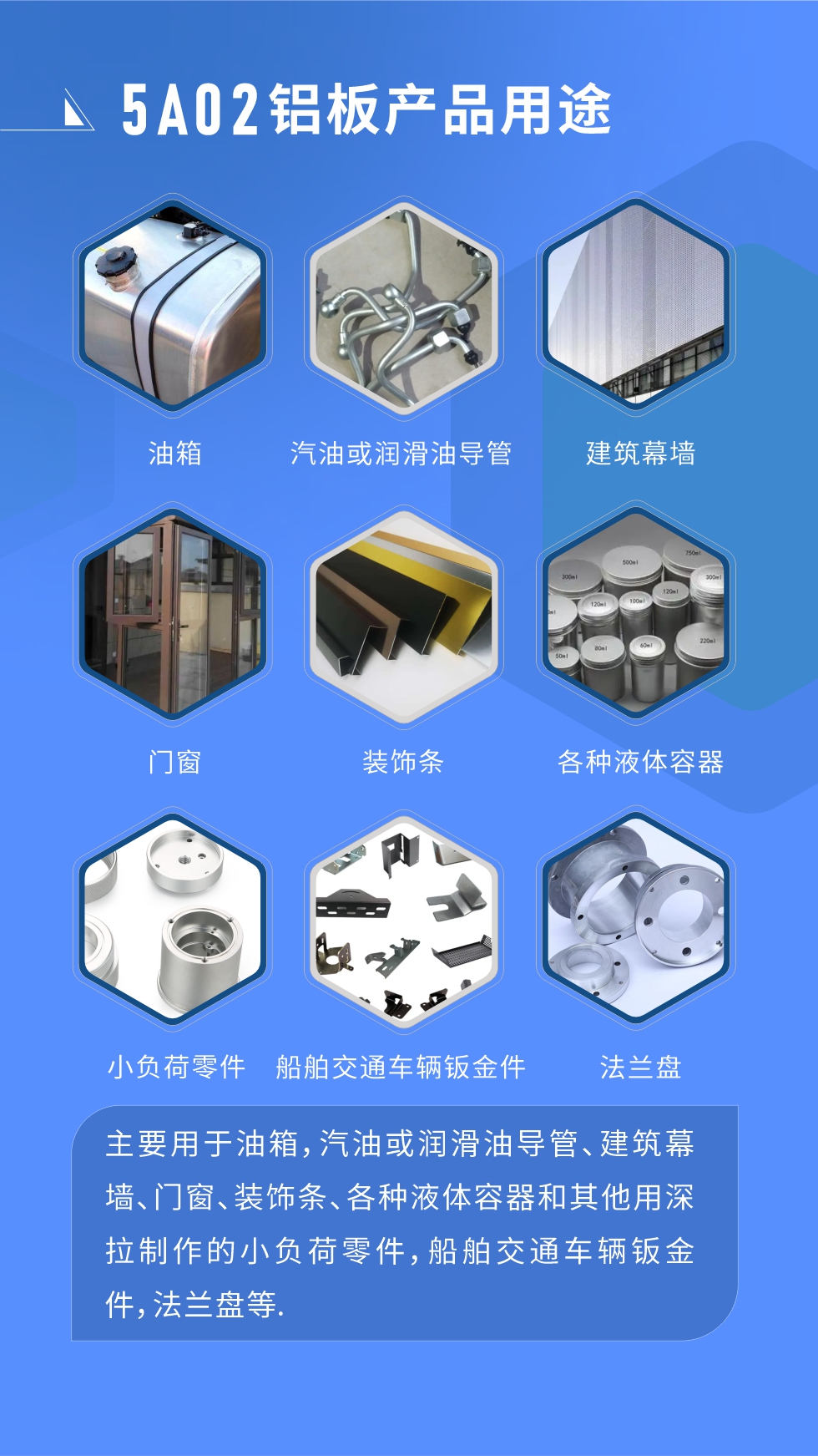 5A02鋁板產(chǎn)品用途:
主要用于油箱，汽油或潤(rùn)滑油導(dǎo)管、建筑幕墻、門窗、裝飾條、各種液體容器和其他用深拉制作的小負(fù)荷零件，船舶交通車輛鈑金件，法蘭盤等.
