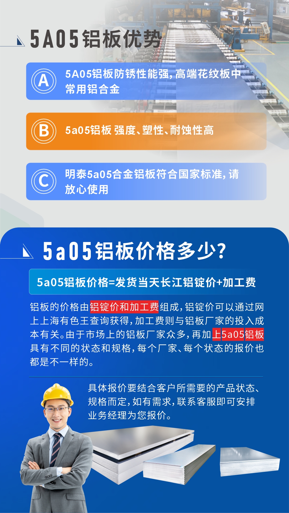  產(chǎn)品優(yōu)勢   

5A05鋁板防銹性能強(qiáng)，高端花紋板中常用鋁合金

5a05鋁板 強(qiáng)度、塑性、耐蝕性高

明泰5a05合金鋁板符合國家標(biāo)準(zhǔn)，請放心使用

5a05鋁板價(jià)格多少錢

5a05鋁板價(jià)格=發(fā)貨當(dāng)天長江鋁錠價(jià)+加工費(fèi)

鋁板的價(jià)格由鋁錠價(jià)和加工費(fèi)組成，鋁錠價(jià)可以通過網(wǎng)上上海有色王查詢獲得，加工費(fèi)則與鋁板廠家的投入成本有關(guān)。由于市場上的鋁板廠家眾多，再加上5a05鋁板具有不同的狀態(tài)和規(guī)格，每個(gè)廠家、每個(gè)狀態(tài)的報(bào)價(jià)也都是不一樣的。具體報(bào)價(jià)要結(jié)合客戶所需要的產(chǎn)品狀態(tài)、規(guī)格而定，如有需求，聯(lián)系客服即可安排業(yè)務(wù)經(jīng)理為您報(bào)價(jià)。點(diǎn)擊在線咨詢。
