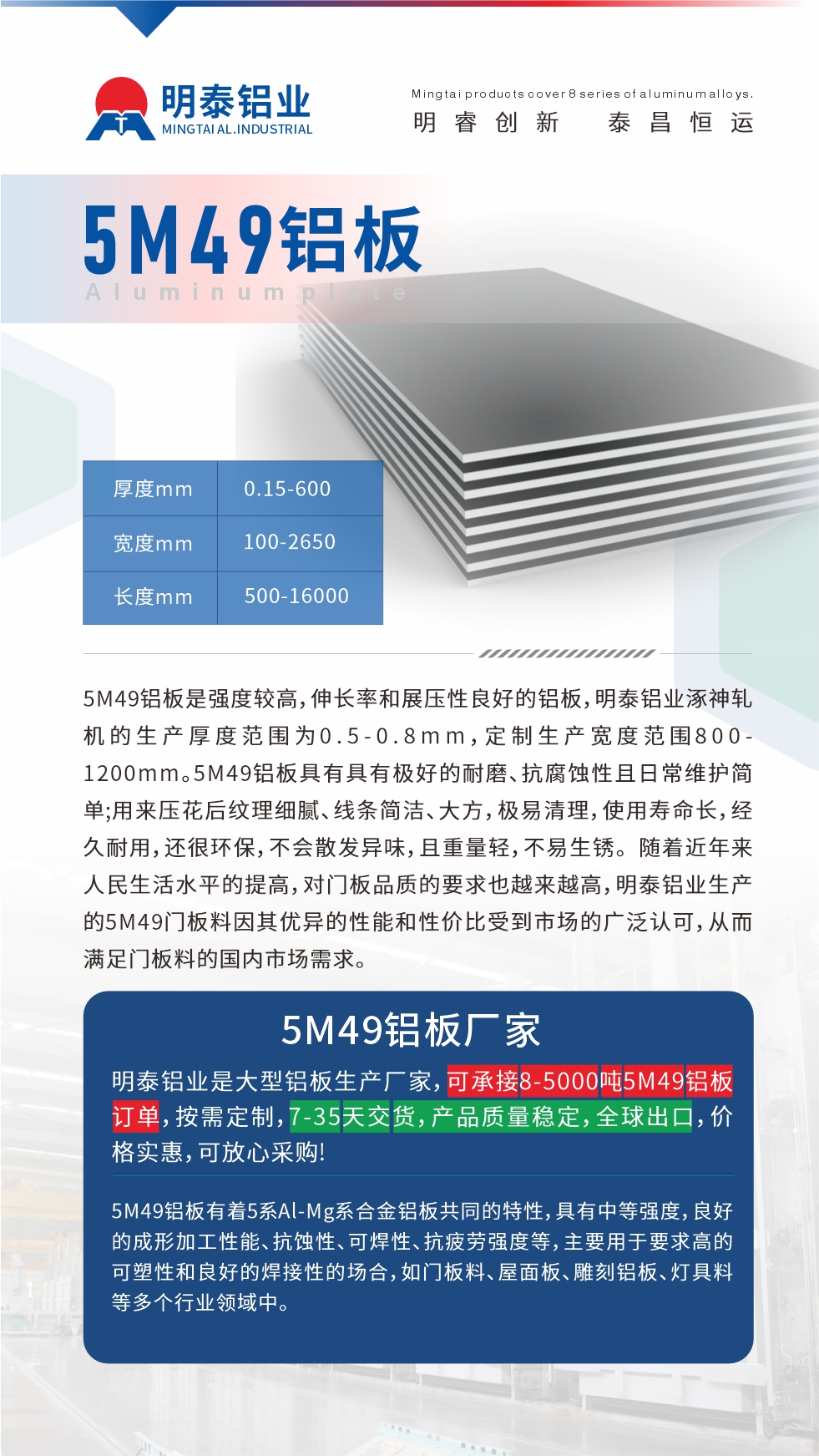 5M49鋁板是強(qiáng)度較高，伸長(zhǎng)率和展壓性良好的鋁板，明泰鋁業(yè)涿神軋機(jī)的生產(chǎn)厚度范圍為0.5-0.8mm，定制生產(chǎn)寬度范圍800-1200mm。5M49鋁板具有具有極好的耐磨、抗腐蝕性且日常維護(hù)簡(jiǎn)單;用來(lái)壓花后紋理細(xì)膩、線條簡(jiǎn)潔、大方，極易清理，使用壽命長(zhǎng)，經(jīng)久耐用，還很環(huán)保，不會(huì)散發(fā)異味，且重量輕，不易生銹。 隨著近年來(lái)人民生活水平的提高，對(duì)門板品質(zhì)的要求也越來(lái)越高，明泰鋁業(yè)生產(chǎn)的5M49門板料因其優(yōu)異的性能和性價(jià)比受到市場(chǎng)的廣泛認(rèn)可，從而滿足門板料的國(guó)內(nèi)市場(chǎng)需求。
