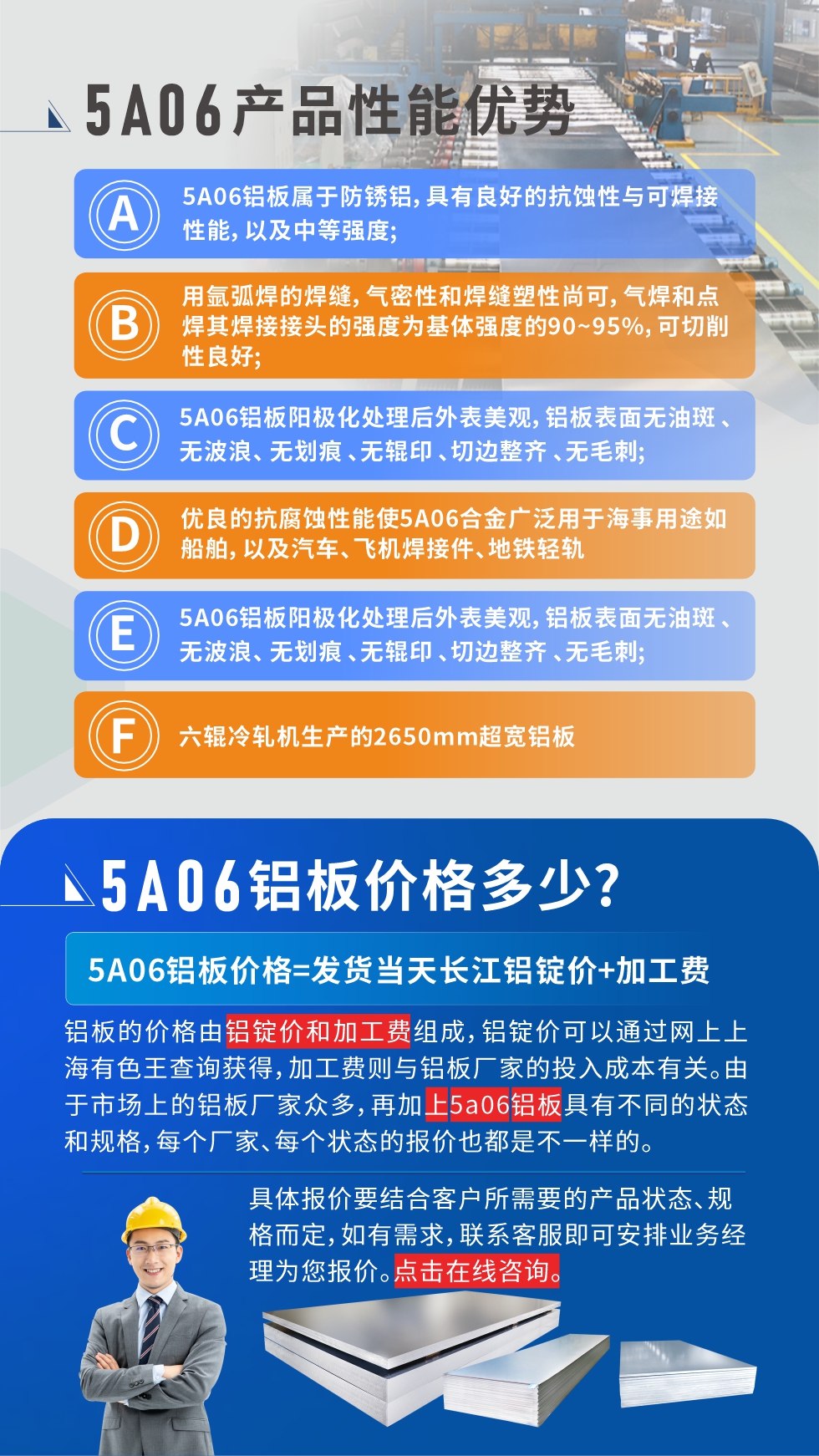 產(chǎn)品性能優(yōu)勢(shì)   

1、5A06鋁板屬于防銹鋁，具有良好的抗蝕性與可焊接性能，以及中等強(qiáng)度;

2、用氬弧焊的焊縫，氣密性和焊縫塑性尚可，氣焊和點(diǎn)焊其焊接接頭的強(qiáng)度為基體強(qiáng)度的90~95%，可切削性良好;

3、5A06鋁板陽(yáng)極化處理后外表美觀，鋁板表面無油斑 、無波浪、 無劃痕 、無輥印 、切邊整齊 、無毛刺;

4、優(yōu)良的抗腐蝕性能使5A06合金廣泛用于海事用途如船舶，以及汽車、飛機(jī)焊接件、地鐵輕軌;

5、六輥冷軋機(jī)生產(chǎn)的2650mm超寬鋁板;