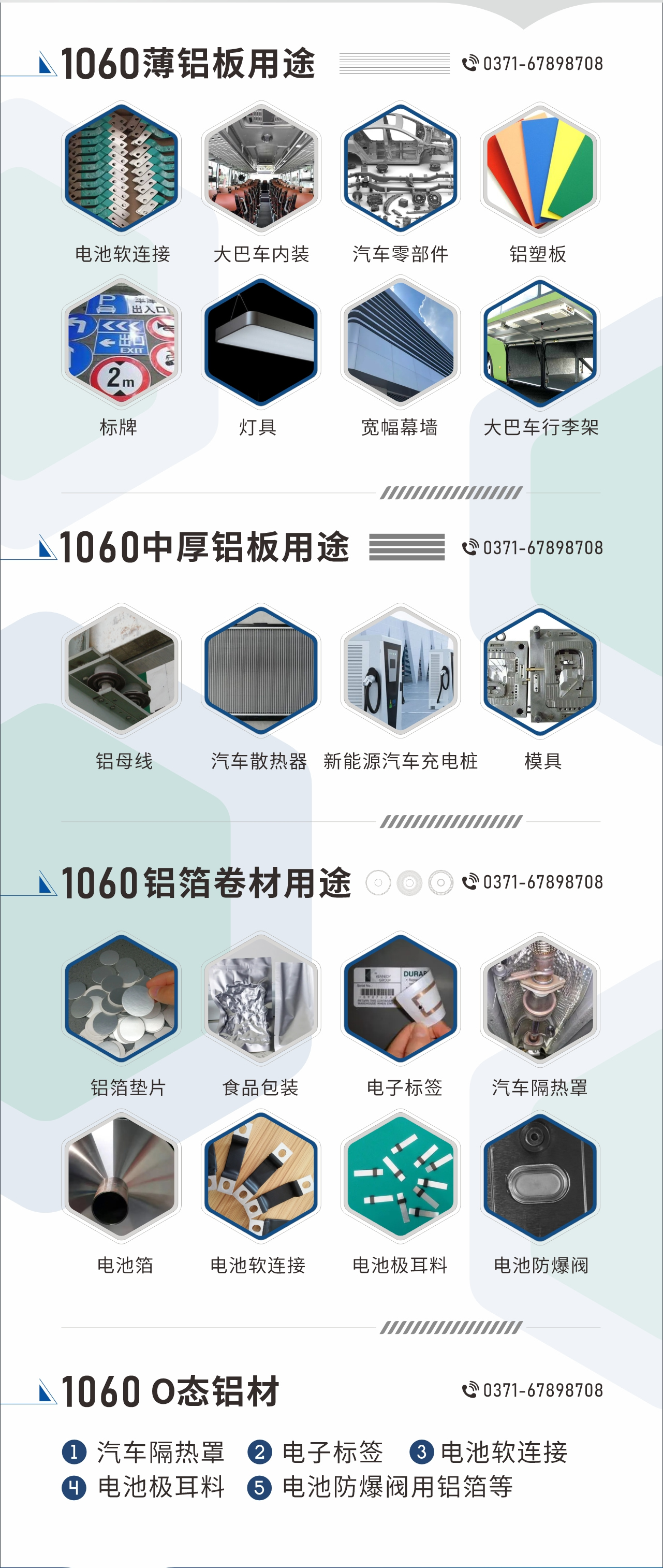 1060鋁板卷用途
　　1060鋁薄板用途： 電池軟連接、大巴車內(nèi)裝、汽車零部件、鋁塑板、標牌、燈具、寬幅幕墻、大巴車行李架/地板/花紋板(宇通公司使用)等;1060中厚鋁板用途：鋁母線、汽車散熱器、新能源汽車充電樁、模具等;1060鋁箔卷材用途：鋁箔墊片、食品包裝、電子標簽、汽車隔熱罩用鋁箔、電池箔、電池軟連接、電池極耳料、電池防爆閥等;1060-O態(tài)鋁材用途：汽車隔熱罩、電子標簽、電池軟連接、電池極耳料、電池防爆閥用鋁箔等;1060鋁板多少錢1噸.1060鋁板價格=發(fā)貨當天長江鋁錠價+加工費