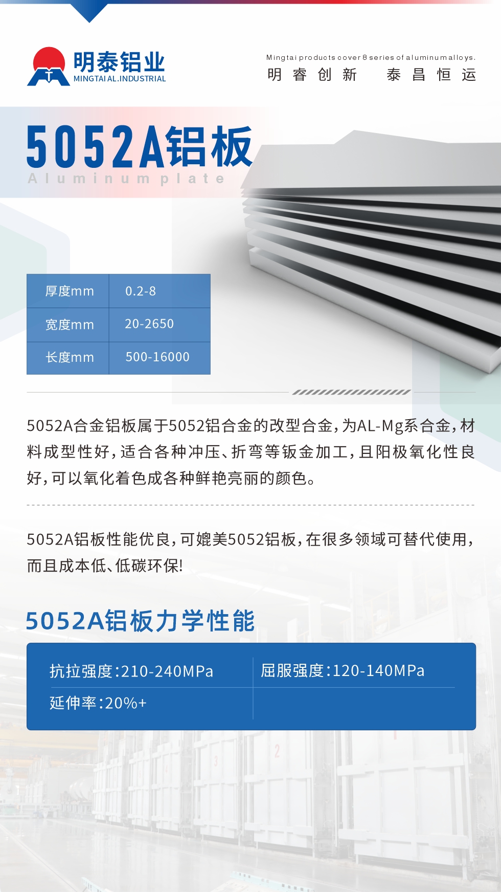 5052A合金鋁板屬于5052鋁合金的改型合金，為AL-Mg系合金，材料成型性好，適合各種沖壓、折彎等鈑金加工，且陽(yáng)極氧化性良好，可以氧化著色成各種鮮艷亮麗的顏色。5052A鋁板性能優(yōu)良，可媲美5052鋁板，在很多領(lǐng)域可替代使用，而且成本低、低碳環(huán)保!5052A鋁板力學(xué)性能抗拉強(qiáng)度：210-240MPa屈服強(qiáng)度：120-140MPa延伸率：20%+