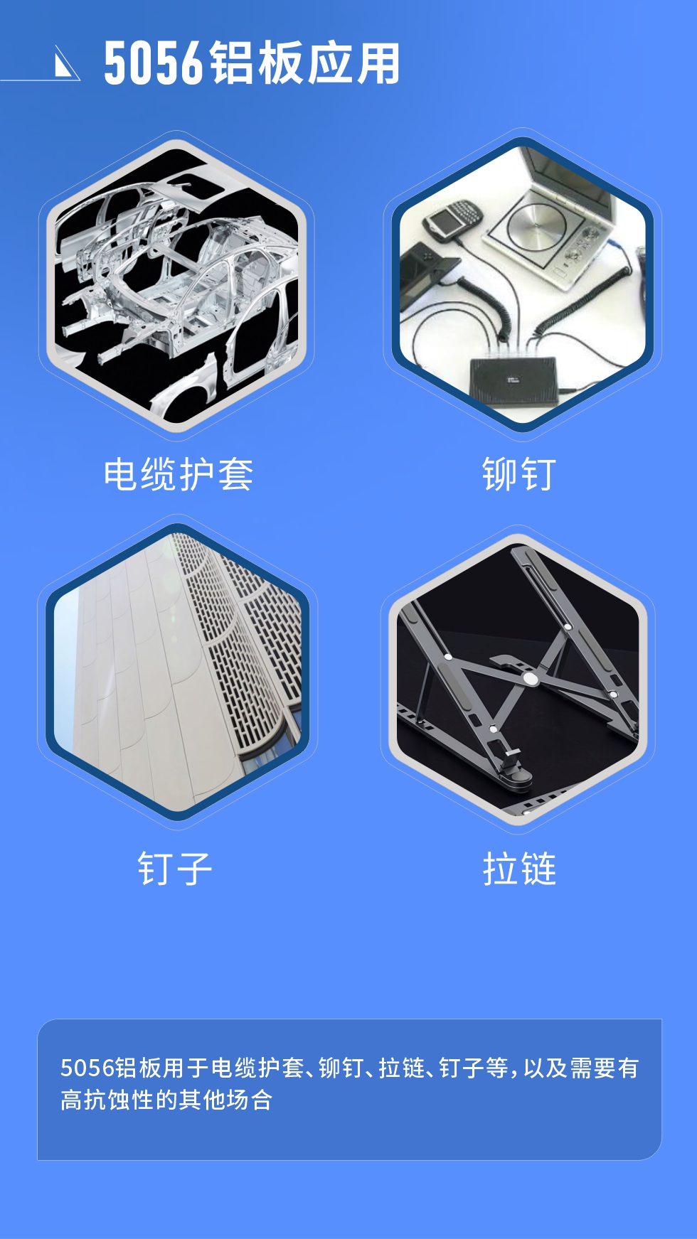 市場應(yīng)用
　　5056鋁板用于電纜護(hù)套、鉚釘、拉鏈、釘子等，以及需要有高抗蝕性的其他場合。
　　5056鋁板生產(chǎn)廠家
　　明泰鋁業(yè)支持定做，為用戶合理推薦更合理產(chǎn)品規(guī)格，并提供優(yōu)惠報(bào)價(jià)，讓您選購無憂。
　　明泰鋁業(yè)是一家集科研、加工、制造為一體的大型現(xiàn)代化鋁加工企業(yè)。公司可生產(chǎn)1-8系鋁板帶箔產(chǎn)品，規(guī)格齊全。
