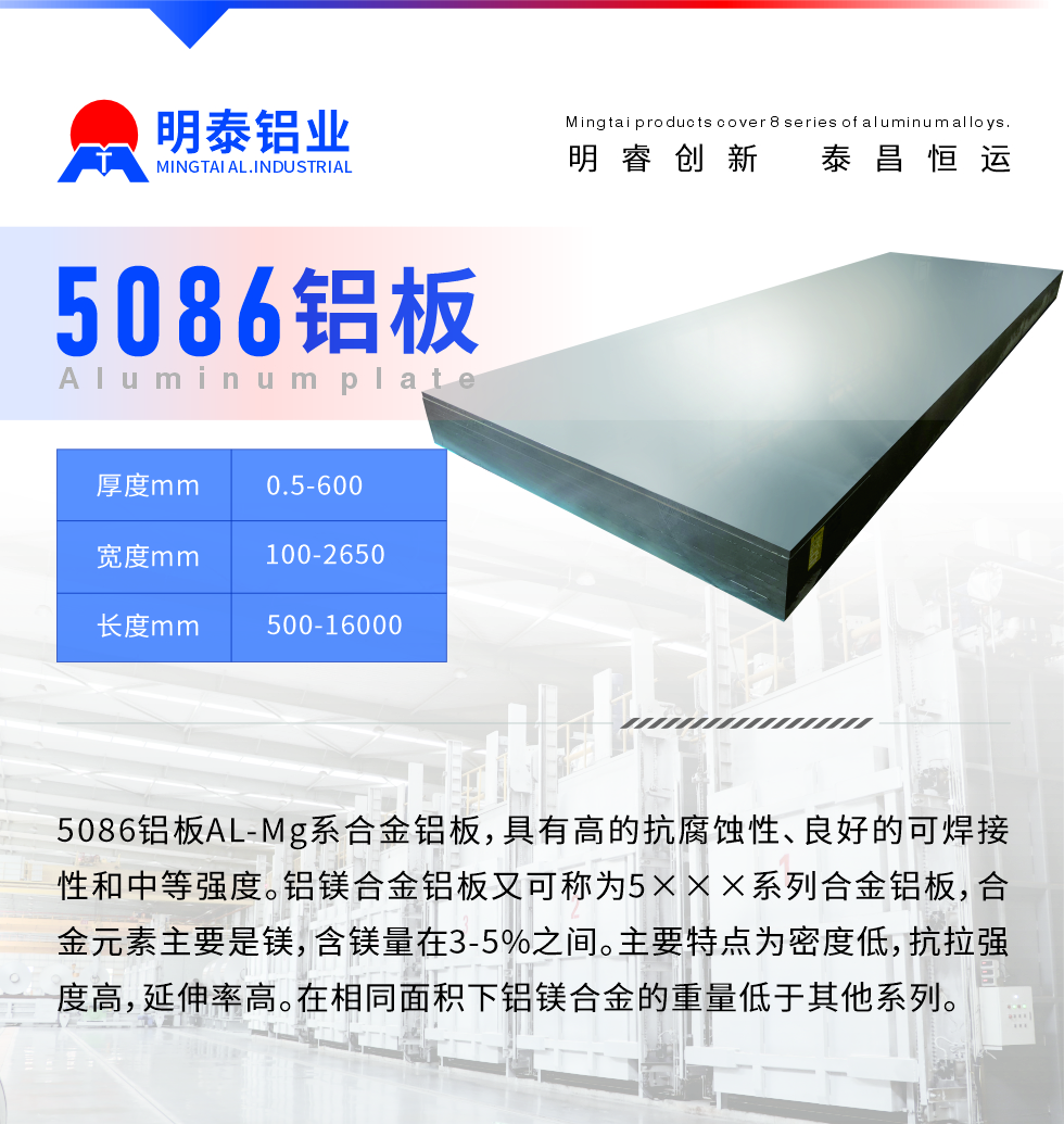 產(chǎn)品介紹
　　5086鋁板AL-Mg系合金鋁板，具有高的抗腐蝕性、良好的可焊接性和中等強度。鋁鎂合金鋁板又可稱為5×××系列合金鋁板，合金元素主要是鎂，含鎂量在3-5%之間。主要特點為密度低，抗拉強度高，延伸率高。在相同面積下鋁鎂合金的重量低于其他系列。
