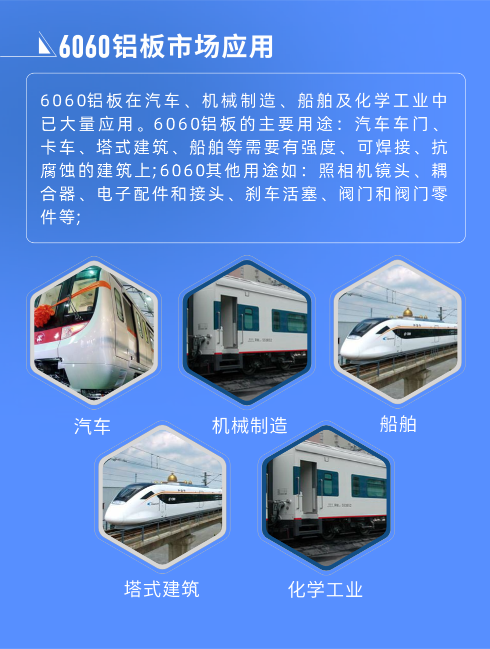 6060鋁板標(biāo)準(zhǔn)對照
美國鋁業(yè)協(xié)會(AA) 6060，UNS A96060，ISO R209 AlMgSi;6060鋁板市場應(yīng)用:
6060鋁板在汽車、機(jī)械制造、船舶及化學(xué)工業(yè)中已大量應(yīng)用。6060鋁板的主要用途：汽車車門、卡車、塔式建筑、船舶等需要有強(qiáng)度、可焊接、抗腐蝕的建筑上;6060其他用途如：照相機(jī)鏡頭、耦合器、電子配件和接頭、剎車活塞、閥門和閥門零件等;

