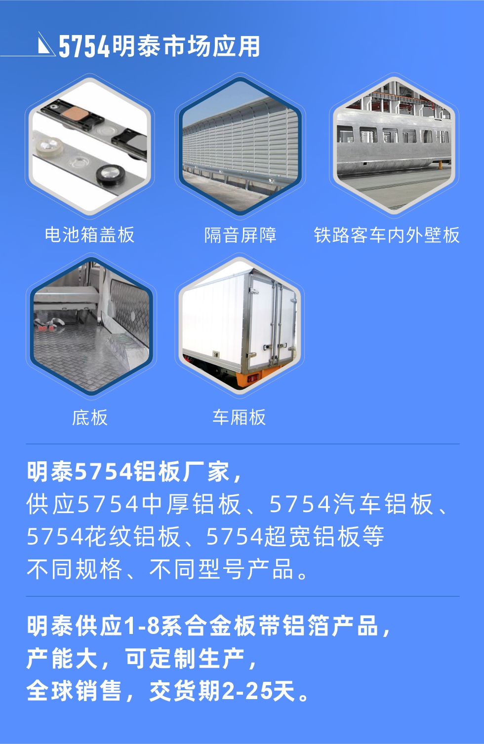 明泰5754鋁板優(yōu)勢(shì)

　　1、可焊接性能強(qiáng)，焊接裂縫的傾向低，焊縫和基體金屬的強(qiáng)度高。

　　2、表面的氧化物較少，軋制板材的表面質(zhì)量好，光滑無(wú)裂紋，無(wú)腐蝕斑點(diǎn)和硝鹽痕跡。

　　3、5754鋁板屬于中高強(qiáng)度的鋁合金，疲勞性能和耐腐蝕性能好。

　　4、可根據(jù)客戶需求定制不同厚度、不同版型的5754鋁板產(chǎn)品。

　　5754鋁板生產(chǎn)以及包裝要求
　　1、表面不允許有裂紋、腐蝕斑點(diǎn)和硝鹽痕跡。

　　2、表面上允許有深度不超過(guò)缺陷所在部位壁厚公稱尺寸8%的起皮、氣泡、表面粗超和局部機(jī)械損傷，但缺陷深度不能超過(guò)0.5mm,缺陷總面積不超過(guò)板材總面積的5%。

　　3、允許供貨方沿型材縱向打光至表面光滑。

　　4、其他要求：有需求方和供貨方自己擬定。


