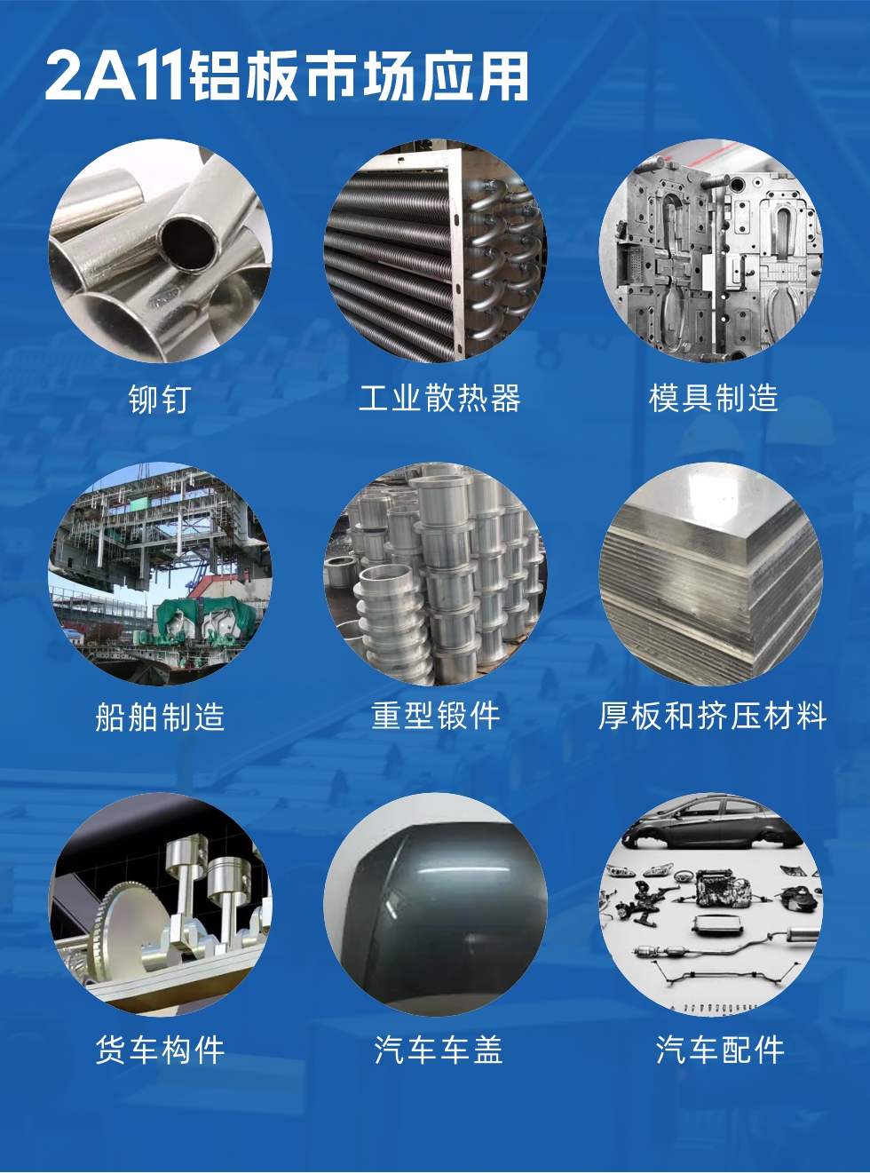 2a11鋁板市場(chǎng)應(yīng)用：

鉚釘、工業(yè)散熱器、模具制造、船舶制造、重型鍛件、厚板和擠壓材料，貨車構(gòu)件、汽車車蓋、汽車配件等領(lǐng)域。