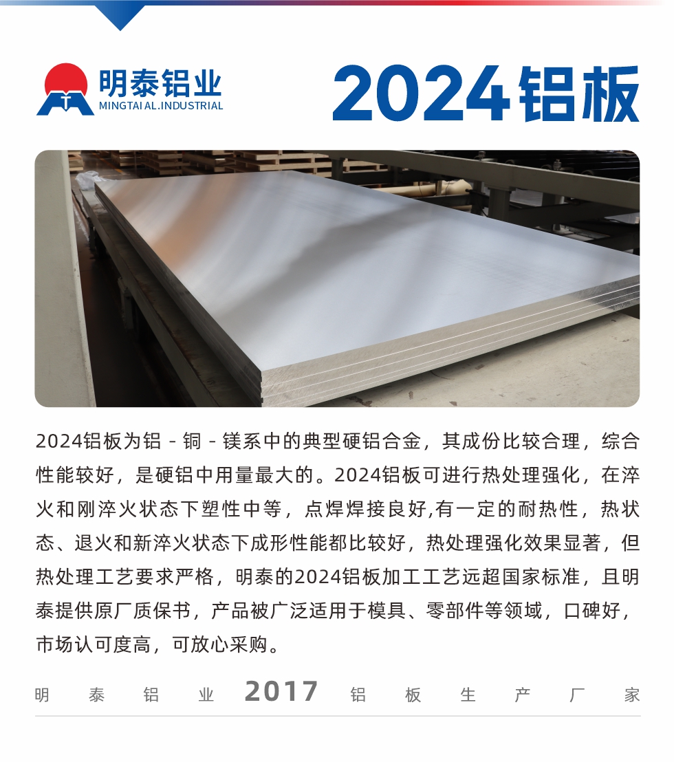 2024鋁板為鋁－銅－鎂系中的典型硬鋁合金，其成份比較合理，綜合性能較好，是硬鋁中用量最大的。2024鋁板可進(jìn)行熱處理強(qiáng)化，在淬火和剛淬火狀態(tài)下塑性中等，點(diǎn)焊焊接良好,有一定的耐熱性，熱狀態(tài)、退火和新淬火狀態(tài)下成形性能都比較好，熱處理強(qiáng)化效果顯著，但熱處理工藝要求嚴(yán)格，明泰的2024鋁板加工工藝遠(yuǎn)超國家標(biāo)準(zhǔn)，且明泰提供原廠質(zhì)保書，產(chǎn)品被廣泛適用于模具、零部件等領(lǐng)域，口碑好，市場認(rèn)可度高，可放心采購。
