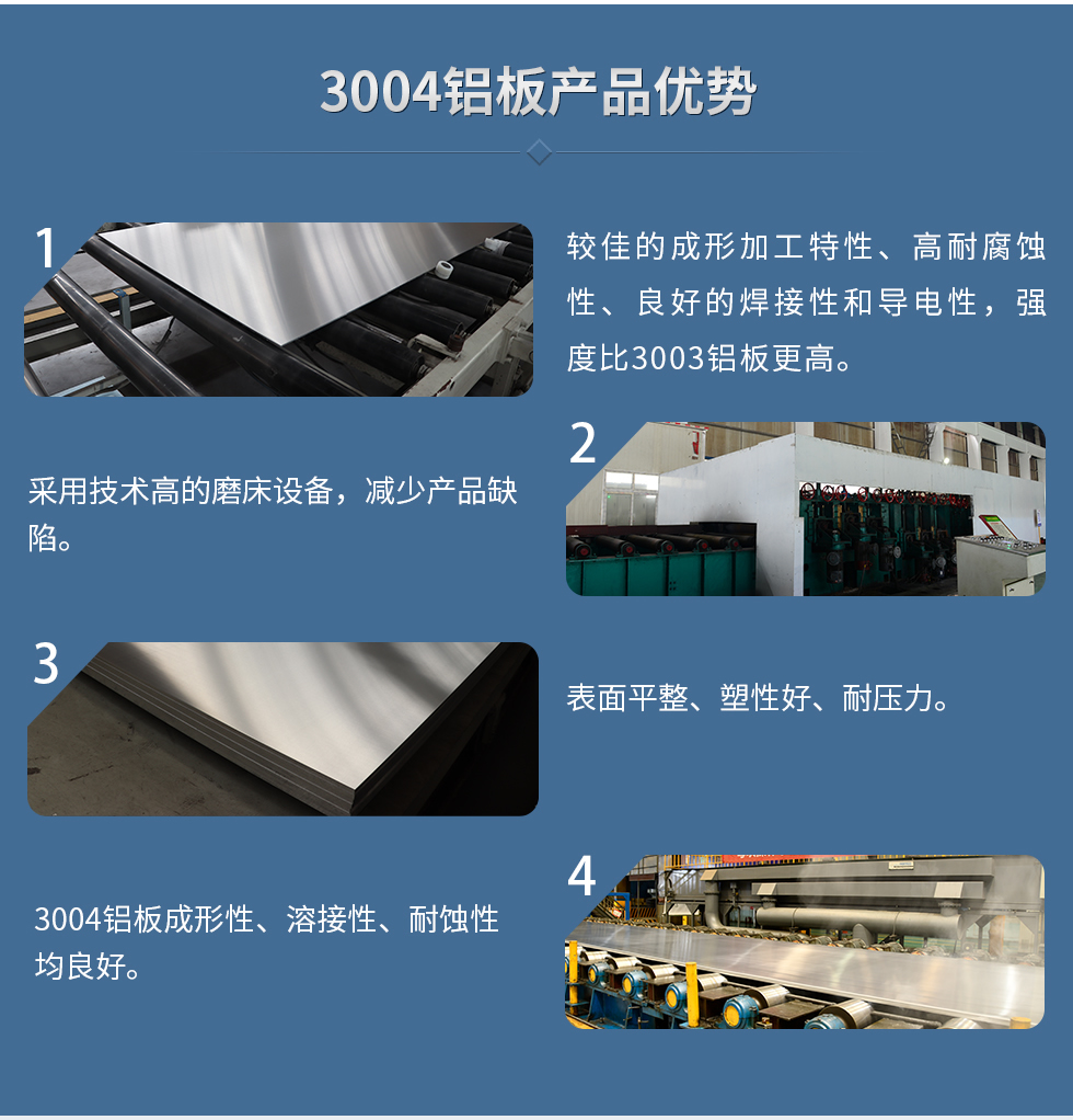 3004鋁板產(chǎn)品優(yōu)勢(shì)
　　1、較佳的成形加工特性、高耐腐蝕性、良好的焊接性和導(dǎo)電性，強(qiáng)度比3003鋁板更高。
　　2、采用技術(shù)高的磨床設(shè)備，減少產(chǎn)品缺陷。
　　3、表面平整、塑性好、耐壓力。
　　明泰3004鋁板優(yōu)勢(shì)
　　1、3004鋁板成形性、溶接性、耐蝕性均良好。
　　2、好的成形加工特性、高耐腐蝕性、良好的焊接性和導(dǎo)電性，強(qiáng)度比3003鋁板更高。
　　3、3004鋁板表面平整、塑性好、耐壓力;
　　4、采用國(guó)際先進(jìn)的磨床設(shè)備，減少產(chǎn)品缺陷。