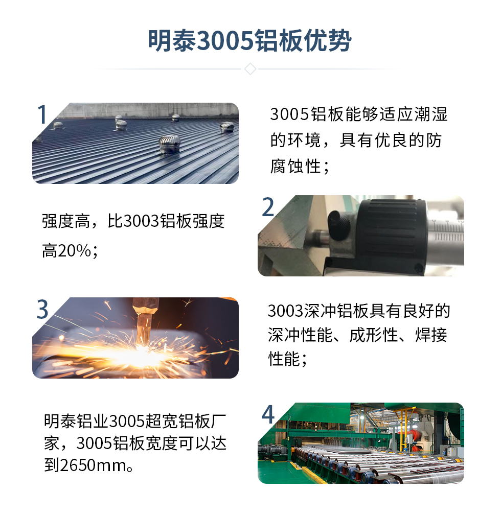 　　明泰3005鋁板優(yōu)勢
　　1、3005鋁板能夠適應(yīng)潮濕的環(huán)境，具有優(yōu)良的防腐蝕性；
　　2、強度高，比3003鋁板強度高20%；
　　3、3003深沖鋁板具有良好的深沖性能、成形性、焊接性能；
　　4、明泰鋁業(yè)3005超寬鋁板廠家，3005鋁板寬度可以達到2650mm。